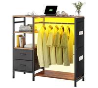 YITAHOME Wardrobe Chest of Drawers with Hanging Rail 120cm Brown | Open Fabric Hall Tree with RGB LED Light USB Power Strip Bedroom Storage Shoe Rack Shelves Freestanding Anti-Tip