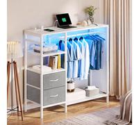 YITAHOME Wardrobe Chest of Drawers with Hanging Rail 120cm White | Open Fabric Hall Tree with RGB LED Light USB Power Strip Bedroom Storage Shoe Rack Shelves Freestanding Anti-Tip
