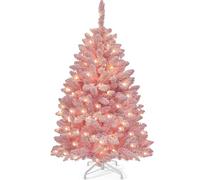 YITAHOME137cm Prelit Pink Flocked Spruce Artificial Christmas Tree, Pre-Lit Pink Christmas Tree with 400 PVC Tips and 200 Warm-White Lights for Home, Office Decoration