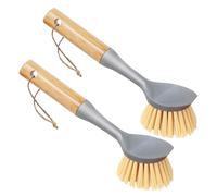 Yitaocity 2 Pack Kitchen Dish Brush, Bamboo Handle Dish Scrubber Built-in Scraper, Multi-Function Scrub Brush for Dishes,Pans,Pots, Kitchen, Bathroom (Gray)