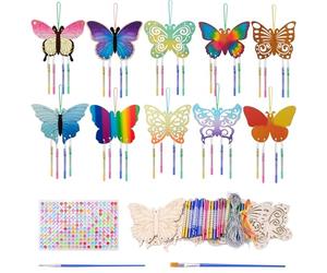 Yitexin 10 Pack Butterfly DIY Wind Chime Kit, Make Your Own Wind Chime Parts, Hanging Windchime Kit Outdoor Coloring Wooden Art and Craft for Gift Birthday (Colorful)