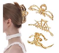 Yitexin 3 Pieces Large Alloy Spider Web Hair Claw Clips, Metal Skeleton Hand Hair Clips, Strong Hold Jaw Clips, Nonslip Punk Gothic Hair Clamps for Women Girls Halloween Thin Thick Hair (Gold)