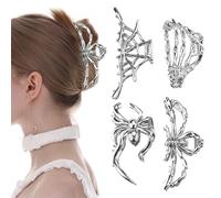 Yitexin 4 Pieces Large Alloy Spider Web Hair Claw Clips, Metal Skeleton Hand Hair Clips, Strong Hold Jaw Clips, Nonslip Punk Gothic Hair Clamps for Women Girls Halloween Thin Thick Hair (Sliver)