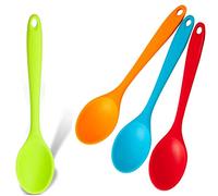 YIUIRUOI 4-Piece Set of Colorful Silicone Kitchen Spoons with Non-Stick Coating, Perfect for Mixing, Baking, Serving and Stirring (Red, Green, Yellow, Blue).