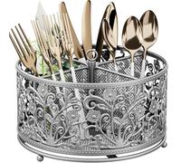 YIUKEA - 360° Rotating Cutlery Organizer, Utensil Holder with 4 Compartments, Decorative and Modern Style, Metallic Silver