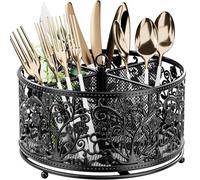 YIUKEA 360° Rotating Utensil Caddy - Silverware Cutlery Caddy Holder with 4 Compartment, Metal Flatware Organizer Countertop with Handle for Party Camping Picnic, Kitchen Counter, Office (Black)
