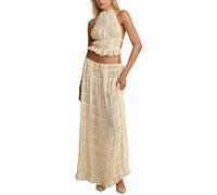 Yiulangde Women Y2k Maxi Skirt Set Backless Lace Halter Crop Top and Long Skirt Sets Beach Cocktail Club Dress 2 Piece Outfit, Apricot, Small