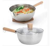 Yiustldd Stainless Steel Milk Sauce Pan, Traditional Japanese Yukihira Pan with Wood Handle & Steamer, Hammered Nonstick for Ramen/Milk Etc,22cm