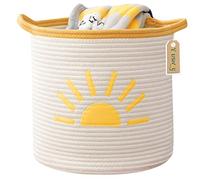 Yiuswoy Cotton Rope Basket Large Woven Storage Basket Kids Toy Storage Organiser Nursery Decor Laundry Hamper with Handle, 30x30 cm, White/Yellow, Sun