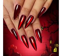 Yivaiks Halloween Fake Nails Red Vampire Cat Eyes Long Acrylic Nails with Needle Tip Holographic Artificial False Nails with Glue 24pcs Kit with Ador