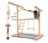Yivioep Bird Playground Activity Center with Removable Tray, Natural Wood Parrot Stand with Feeding Cups and Hanging Toys for Parakeets, Budgies, and Lovebirds