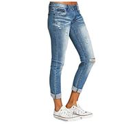 Yivise Women's Ripped Boyfriend Jeans Cute Distressed Jeans Stretch Straight Leg Jeans Pencil Pants with Hole(Light Blue,Large)