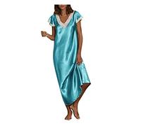 Yivise Women's Sleepwear Casual Lace Trim V-Neck Nightshirts Short Sleeve Homewear Pajamas Long Dress Nightgowns (Green,Large)
