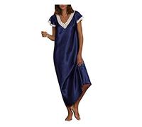 Yivise Women's Sleepwear Casual Lace Trim V-Neck Nightshirts Short Sleeve Homewear Pajamas Long Dress Nightgowns (Navy,Medium)