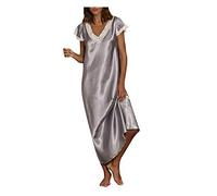 Yivise Women's Sleepwear Casual Lace Trim V-Neck Nightshirts Short Sleeve Homewear Pajamas Long Dress Nightgowns (Grey,Medium)