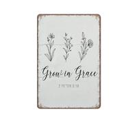 YIVXA Metal Vintage Tin Sign Christian Bible Verse Grow In Grace Flower Sign 2 Peter 3:18 Scripture Decor Poster Wall Art for Kitchen Garden Bathroom Farm Home Coffee Decor 12x8 inch
