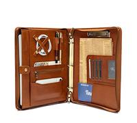 YIWEN Handmade Genuine Leather Portfolio, Zippered Padfolio with 3 Ring Binder, Professional Business Organizer, Resume Folder, Notebook Organizer with Tablet (Non-Custom, Oil Wax, Brown)