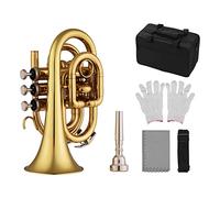 YIWENG Mini Pocket Trumpet Bb Flat Brass Material Wind Instrument with Mouthpiece Gloves Cleaning Cloth Carrying Case
