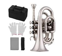 YIWENG Mini Pocket Trumpet Bb Flat Brass Material Wind Instrument with Mouthpiece Gloves Cleaning Cloth Carrying Case