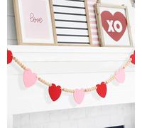 YIWENG Valentines Day Decor Red Pink Felt Heart Wooden Bead Garland Decorative Romantic ings Ornaments for Home Mantle Fireplace Wall