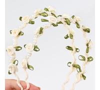 YIWONFU 2Pcs Girls Headpiece 41cm, Flexible Resin Flower Crown with Tassels Hairband Girl Headbands Flower Headwear with Pearl Beads(Ivory White)