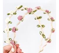 YIWONFU 2Pcs Girls Headpiece 41cm, Flexible Resin Flower Crown with Tassels Hairband Girl Headbands Flower Headwear with Pearl Beads(Pink/Ivory White)