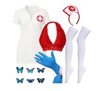 YIXAXKAO Halloween Nurse Costume Nurse Hat Headband Blue Butterfly Temporary Tattoos Stocking Bra for Women Cosplay (Small)