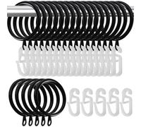 yixiaoboda 22 Pack Curtain Rings and Hooks, 30mm Metal Drapery Hanging Rings & 22pcs Curtain Hooks Plastic White for Curtains and Rods, Drape Sliding Eyelet Rings(Black, 22 Pack)