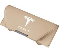 YIXIEDING Glasses Clip for Automotive Eyeglass Hanger, Sunglasses Holder for Car Visor, Premium Leather Car Sunglasses Holder Clip for Tesla Model 3 2023-2025,Beige