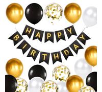 YIXINCHENQI Happy Birthday Banner, Black & Gold Decoration Pack with 16pcs Balloons, Ribbons and Banners