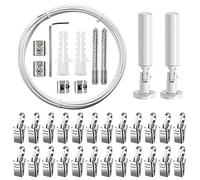 YIXISI 5m Wall Mount Curtain Wire Rod Set, Hanging Curtain Drape Rod, with 24 PCS Rustproof Stainless Steel Hanging Clamp, for Light/Lamp Photos Art Projects Clothesline (White)