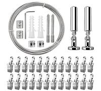 YIXISI 5m Wall Mount Curtain Wire Rod Set, Hanging Wire Curtain Drape Wire Rod, with 24 PCS Rustproof Stainless Steel Hanging Clamp, for Light/Lamp Photos Art Projects Clothesline