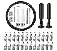 YIXISI 5m Wall Mount Curtain Wire Rod Set, Hanging Wire Curtain Drape Wire Rod, with 24 PCS Rustproof Stainless Steel Hanging Clamp, for Light/Lamp Photos Art Projects Clothesline (Black)
