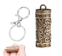 YiXjiuBP Vintage Brass Cylindrical Medicine Box & Silver Keychain - Portable Carving Pill Case for Travel