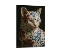 YiXong Blue And White Red Glaze Kintsugi Art Cat Decoration Poster Decorative Painting Canvas Wall Posters And Art Picture Print Modern Family Bedroom Decor Posters 20x30inch(50x75cm)