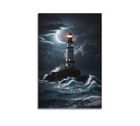 YiXong Coast Lighthouse Blue Moon Serene Sea Vintage Poster Decorative Painting Canvas Wall Posters And Art Picture Print Modern Family Bedroom Decor Posters 20x30inch(50x75cm)