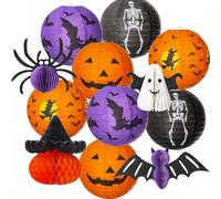 YiYa 12 Pcs Halloween Paper Lanterns Decorations Pumpkin Hanging Paper Lantern Honeycomb Bats Honeycomb Ghost Spider for Halloween Garden Tree Indoor Home Décor Party Decoration