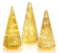 YiYa 3Pcs Gold Glass Christmas Tree Home Decor Tabletop Christmas Tree Decor Mercury Glass Xmas Trees Decorations for Fireplace Mantel