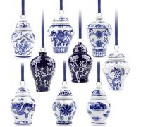 YIYA 9 Pack Porcelain Christmas Tree Ornaments 3.5 in Blue and White Ornaments Christmas Chinoiserie Hanging Ornaments Mini Ginger Jar for Xmas Tree Decoration