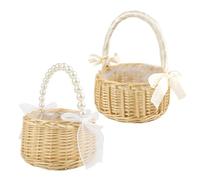 YiYa Rattan Flower Basket Small Wicker Wedding Flower Girl Baskets with Pearl Handle and Bow Knot Hand Held Basket for Outdoor Picnic Home Wedding Garden Decoration