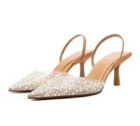 YIYA Women's Clear Slingback Heels with Pearl Studded Pointed Toe Kitten Mid Heels Sparkly Rhinestone Slip On Wedding Party Shoes, Beige, 5 UK