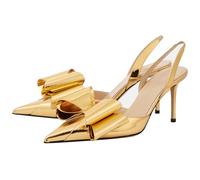 YIYA Women's Metallic Bow Kitten Heels Closed Pointed Toe Slingback Pumps Stiletto High Heels Slip On Party Dress Shoes, Gold, 5 UK