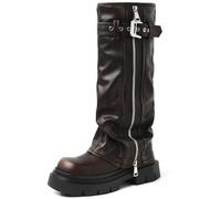 YIYA Women's Platform Fold Over Biker Knee High Boots Belt Buckle Square Toe Chunky Heel Zipper Tall Boots Motorcycle Long Combat Boots, Brown, 6 UK