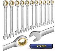 YIYEIE 11pc Ratchet Spanner Set, 72-Tooth Gold Ratcheting Combination Wrenches, Box & Open End, Cr-V Steel, for Bike, Car, Home DIY, Metric - 6/8/10/12/13/14/15/16/17/18/19 mm