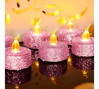 YiYFiT Pink Glittering Led Tealight Candles,12-Pack Warm Yellow Battery Flickering Fake Tea Lights Realistic Flameless Tealights for Christmas,Easter,Halloween,Wedding,Party,Festivals ect Decorations