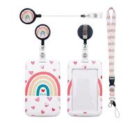 YiYFiT Sliding Badge Holder with Lanyard, Rainbow Hearts ID Holder with Retractable Badge Reel Carabiner Clip, Detachable Lanyard Card Protector for Business, Office, Exhibition, School(Rainbow Heart)