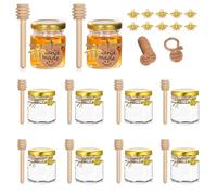 Yiyifor Mini Glass Honey Jars, 10 Pieces Round Honey Jars with Wooden Honey Sticks,Kraft Pape tag,Gold Bee Pendants,Jute,Small Glass Jars for Honey,Perfect for Baby Shower,Wedding Favors,Party Favors