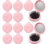 Yiyiring 12 Pcs Pink Coquette Bow Mini Hair Brushes Folding Mirror Coquette Detangler Brush Bulk Round Compact Massage Scalp Comb for Purse Women Travel Team Gifts Trendy Stuff Party Favors