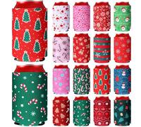 Yiyiring 16 Pcs Christmas Beer Can Cooler Sleeves 12 oz Drink Can Cooler Reusable Neoprene Cold Drinks Bottle Sleeves with Christmas Tree Santa Snowflake Candy Cane for Xmas Holiday Party Supplies