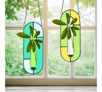 Yiyiring 2 Sets Stained Glass Plant Propagation Station with Glass Tubes and Chain Hanging Terrarium Wall Plant Holder Decor for Living Room Window